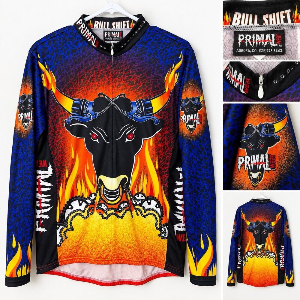 Primal Wear Bull Shift Cycling Jersey Shirt L Graphic Long Sleeve Flames Coolmax